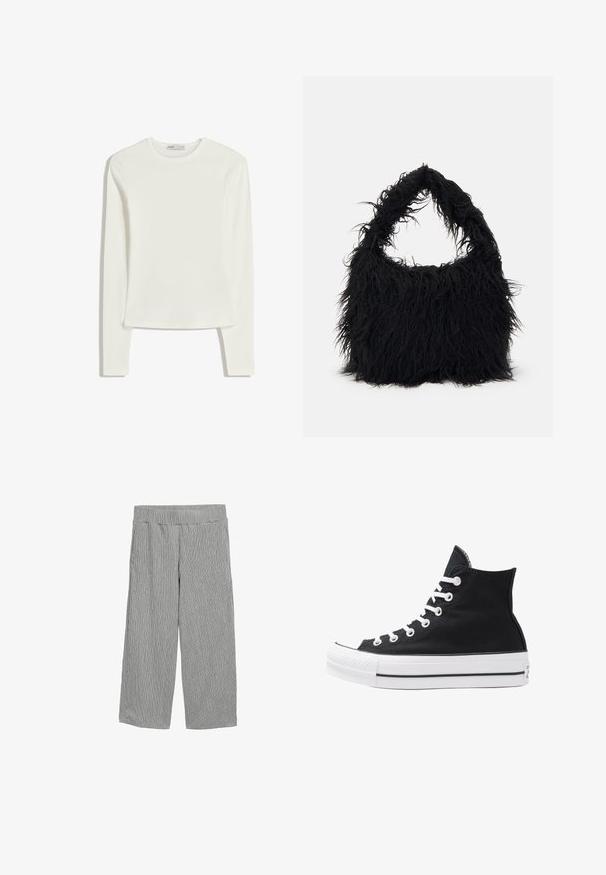 Hvid langærmet top lavet af blødt, glat stof. Har rund halsudskæring og slim fit med minimale syninger.; Lettere, grå bukser med lodret stribet mønster, bred ben skæring, elastisk talje og ingen synlige lommer.; Højtop sort lærredssko med hvide øjetter, snørebånd og gummisål. Har en tekstureret tåhætte og sorte og hvide stribe-accenter.; Even&Odd Shopping bags - black