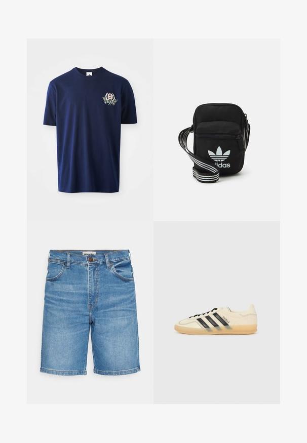 T-shirt in cotone blu navy con maniche corte, scollatura rotonda e logo ricamato con accenti di alloro sul petto sinistro.; Pantaloni corti in denim di colore azzurro chiaro con una vestibilità dritta, cinque tasche e chiusura con bottone superiore. Presentano una leggera sbiaditura e cuciture a contrasto.; Sneaker di colore crema chiaro con design a tre strisce nere, tomaia testurizzata, punta rotonda e suola in gomma. Presenta lacci e branding sul lato.; Borsa a tracolla in tessuto nero con chiusura a zip, caratterizzata da un logo Adidas bianco e una tracolla regolabile a righe per un facile trasporto.