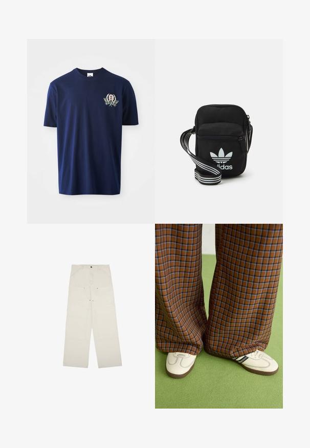 Tamno plava pamučna majica s kratkim rukavima, okruglim izrezom i vezenim logotipom s lovorovim detaljima na lijevoj strani prsnog koša.; Svijetlosmeđi hlače širokih nogavica napravljene od pamuka, s prednjim džepovima, zatvaranjem na jedan gumbe i vidljivim šavovima.; Smeđe i plave karirane široke hlače uparene s bijelim cipelama s crnim akcentima i teksturiranim potplatom, na zelenoj pozadini.; Crna crossover torba od tkanine sa zatvaračem, sa bijelim Adidas logotipom i prugastim podešivim remenom za lako nošenje.