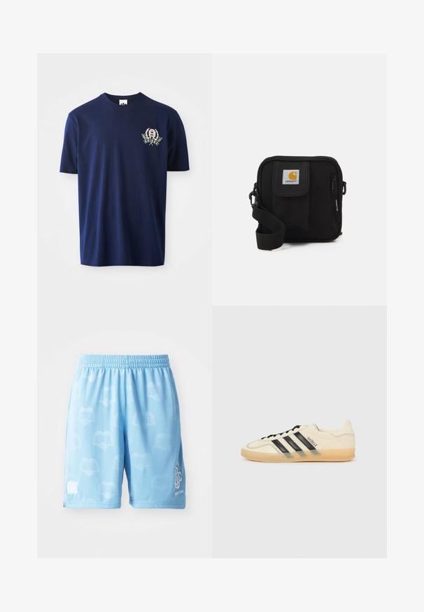Navyblaue Baumwoll-T-Shirts mit kurzen Ärmeln, Rundhalsausschnitt und gesticktem Logo mit Lorbeerakzenten auf der linken Brust.; Helleblaue Sportshorts aus glattem Material, mit einem dezenten Muster, einem elastischen Bund und bedruckten Logo-Akzenten an einem Bein.; Helle Creme Sneaker mit schwarzem Drei-Streifen-Design, strukturiertem Obermaterial, runder Zehenpartie und Gummisohle. Verfügt über Schnürsenkel und Branding an der Seite.; Schwarze Umhängetasche mit einem Reißverschluss-Hauptfach, einer Fronttasche, einem verstellbaren Tragegurt und einem sichtbaren Logo-Patch auf dem Deckel.