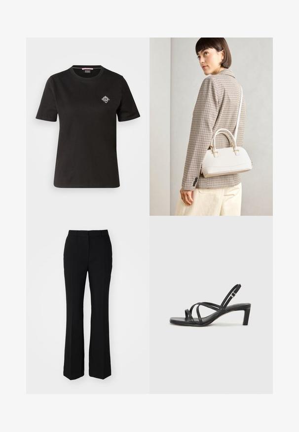 Musta puuvillapaita, jossa on pyöreä kaula-aukko, lyhyet hihat ja pieni valkoinen graafinen design vasemmassa rintamuksessa.; Mustat räätälöidyt housut lainehtivalla muodolla. Valmistettu sileästä kankaasta, jossa on etupuolen taitokset ja tasainen vyötärö. Ei näkyviä taskuja.; Mustat hihnalligat, joissa on neliön muotoinen kärki ja matala lohkokorko. Ominaisuuksiin kuuluu useita ohuita hihnoja ja säädettävä nilkkahihna. Valmistettu sileästä nahasta.; Valkoinen rakenteellinen käsilaukku, jossa on lyhyet kahvat ja olkahihna, varustettu kultaisilla metalliosilla ja tekstuurilla, esillä harmaata taustaa vasten.
