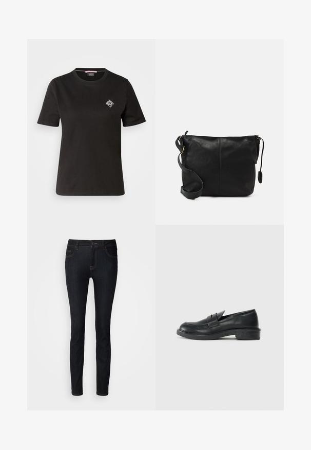 Fekete pamut póló kerek nyakkal, rövid ujjakkal és egy kis fehér grafikai mintával a bal mellkasi részen.; Fekete farmer skinny nadrág kontrasztvarrással, középmagas derékkal, öt zsebes dizájnnal és sima textúrával.; Fekete bőr loaferek kerek orral, varrott részletekkel és kis sarkal. Sima textúrájúak és rugalmas gumitalppal rendelkeznek.; Fekete bőr keresztpántos táska lapos formával, arany fémrészekkel és állítható pánttal. Simább textúra minimális varrási részletekkel.