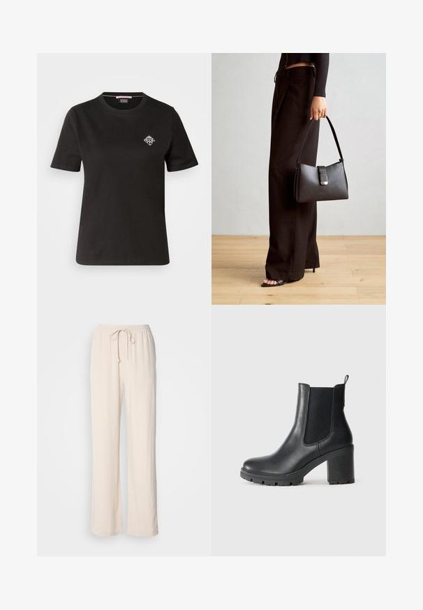 Juodas medvilnės marškinėliai su apvalia iškirpte, trumpomis rankovėmis ir mažos baltos grafikos dizainu kairiajame krūtinės rajone.; Šviesiai smėlio spalvos, laisvai krentančios kelnės su elastiniu juosmeniu ir raišteliu. Tekstūruotas audinys su šoninėmis siūlėmis ir plačiomis kojomis.; Juodos odinės kulkšninių botų su elastingomis šoninėmis juostomis, masyviu guminio pado ir aukštu blokiniu kulnu. Yra patogus užtrauktukas gale.; Juodas rankinė struktūrizuota forma, lygi tekstūra ir metalinis užsegimas. Suporuota su plačiomis juodomis kelnėmis ir atvirais bateliais ant medinių grindų.