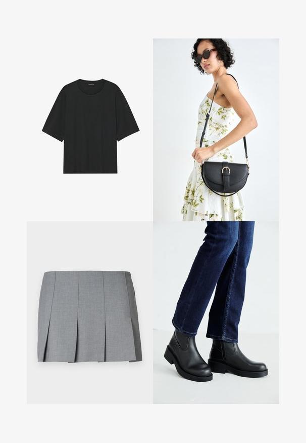Zwarte korte mouwen t-shirt gemaakt van katoen. Kenmerkt zich door een ronde hals, een losse pasvorm en een schone zoom zonder zichtbare patronen of hardware.; Grijze geplooide rok met een gladde textuur, gestructureerd ontwerp en een aansluitende taille. Gemaakt van een lichtgewicht stof met een subtiel patroon.; Zwarte leren enkelboots met een dikke zool en zij-elastische panelen, gecombineerd met donkerblauwe jeans. De grond is lichtgekleurd.; Zwarte leren handtas met een gebogen vorm, afneembare schouderband en gouden hardware. De tas heeft een klep met een gespsluiting.
