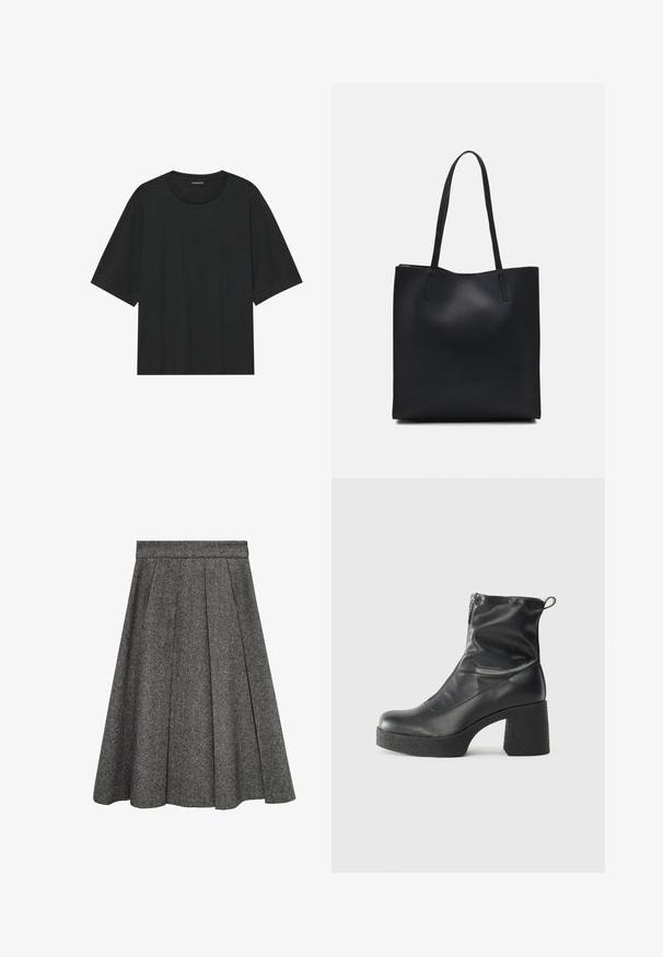 Camiseta de manga corta negra hecha de algodón. Presenta un cuello redondo, corte holgado y dobladillo limpio sin patrones ni herrajes visibles.; Falda de lana gris con pliegues, de longitud hasta la rodilla, que presenta una cinturilla ajustada y un acabado texturizado. Diseño simple y elegante adecuado para diversas ocasiones.; Botines negros de tobillo, hechos de cuero suave, con cierre lateral, tacón grueso texturizado y diseño de punta redondeada.; Bolso tote de cuero negro con textura lisa, forma rectangular y dos asas largas. Sin herrajes ni adornos visibles.