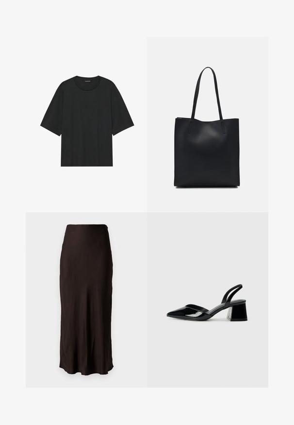 Černé tričko s krátkým rukávem vyrobené z bavlny. Má kulatý výstřih, volný střih a čistý lem bez viditelných vzorů nebo doplňků.; Černá, středně dlouhá sukně vyrobená z hladkého, lehkého materiálu se rovnými liniemi a bočním rozparkem. Má jednoduchý pásek v pase.; Černé lakované kožené lodičky na pásku s špičatou špičkou a geometrickým blokovým podpatkem. Vyznačují se elegantním, minimalistickým designem a hladkým povrchem.; Černá kožená taška přes rameno s hladkým povrchem, obdélníkovým tvarem a dvěma dlouhými uchy. Žádné viditelné kování ani ozdoby.