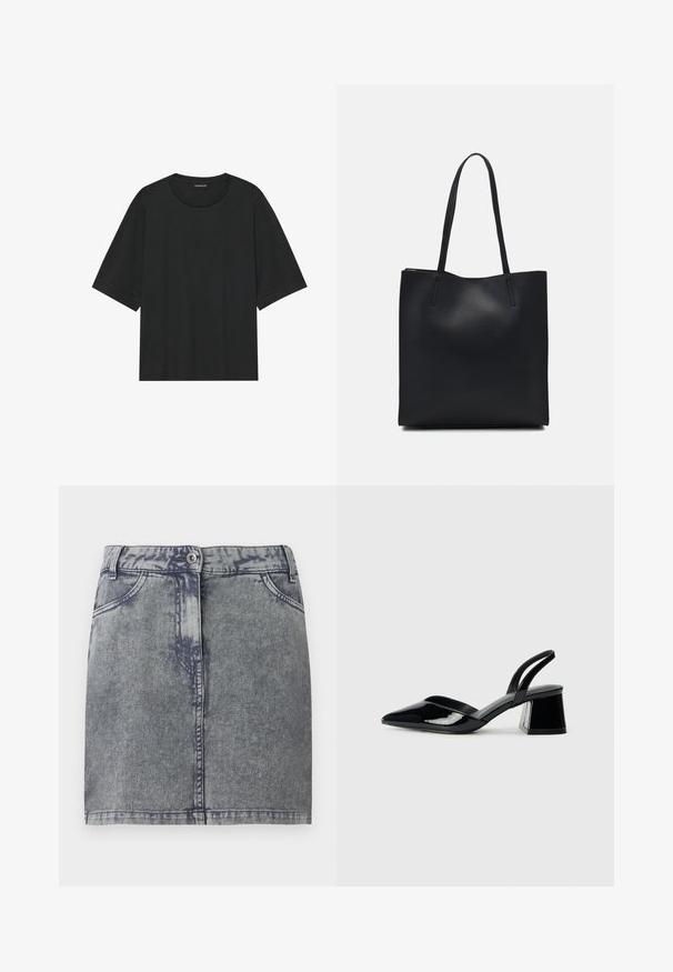 Camiseta de manga corta negra hecha de algodón. Presenta un cuello redondo, corte holgado y dobladillo limpio sin patrones ni herrajes visibles.; Mini falda de mezclilla en gris con un lavado descolorido, con bolsillos frontales, cierre de botón y dobladillo recto. Tejido texturizado.; Zapatos de tacón slingback de charol negro con punta afilada y tacón geométrico en bloque. Presentan un diseño elegante y minimalista, así como una textura suave.; Bolso tote de cuero negro con textura lisa, forma rectangular y dos asas largas. Sin herrajes ni adornos visibles.