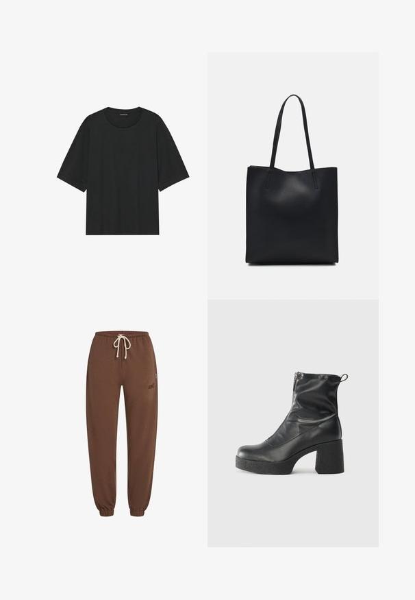 Camiseta de manga corta negra hecha de algodón. Presenta un cuello redondo, corte holgado y dobladillo limpio sin patrones ni herrajes visibles.; Pantalones de chándal marrones hechos de una tela suave, con una cinturilla elástica con cordón, piernas ajustadas y un acento de logo en el lateral.; Botines negros de tobillo, hechos de cuero suave, con cierre lateral, tacón grueso texturizado y diseño de punta redondeada.; Bolso tote de cuero negro con textura lisa, forma rectangular y dos asas largas. Sin herrajes ni adornos visibles.