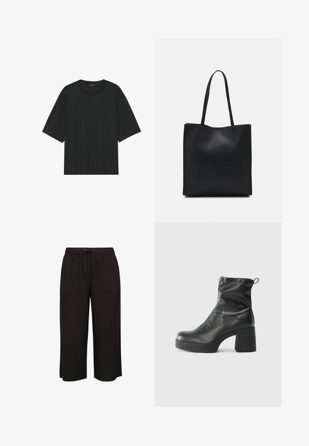 Schwarzes kurzärmliges T-Shirt aus Baumwolle. Verfügt über einen Rundhalsausschnitt, einen lässigen Schnitt und einen sauberen Saum ohne sichtbare Muster oder Beschläge.; Schwarze, weit geschnittene Hosen aus einem weichen, leichten Stoff. Sie verfügen über einen elastischen Bund mit Kordelzug und eine gerade, fließende Silhouette.; Schwarze Stiefeletten aus glattem Leder mit seitlichem Reißverschluss, klobigem strukturiertem Absatz und runder Zehenform.; Schwarze Laptoptasche aus Leder mit glatter Textur, rechteckiger Form und zwei langen Griffen. Keine sichtbaren Beschläge oder Verzierungen.