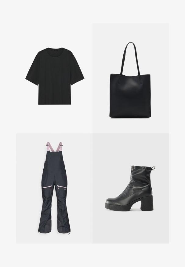 Černé tričko s krátkým rukávem vyrobené z bavlny. Má kulatý výstřih, volný střih a čistý lem bez viditelných vzorů nebo doplňků.; Černé voděodolné kombinézy s růžovými nastavitelnými popruhy, vybavené kapsami na zip a zesílenými spodními částmi pro zvýšení odolnosti.; Černé kotníkové boty vyrobené z hladké kůže, s bočním zipem, robustním strukturovaným podpatkem a kulatou špičkou.; Černá kožená taška přes rameno s hladkým povrchem, obdélníkovým tvarem a dvěma dlouhými uchy. Žádné viditelné kování ani ozdoby.