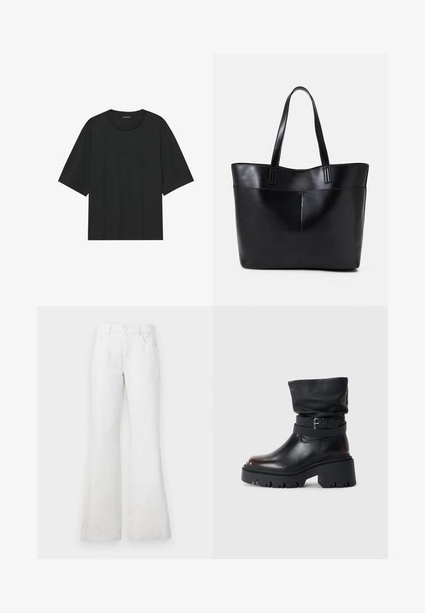Svart t-skjorte med kort erm laget av bomull. Den har rund hals, avslappet passform og ren søm uten synlige mønstre eller hardvare.; Hvite vide denimjeans med høy livvidde, med forkantlommer, beltehemper og klassisk knappeåpning. Glatt tekstur, uformell design.; Svart lær ankelstøvel med en slapp overdel, spenne detaljer og tykk, robust såle. Har en rund tå og glatt tekstur.; Svart lær toteveske med to lange håndtak, en glatt tekstur og en strukturert form. Har en frontlomme for ekstra oppbevaring.