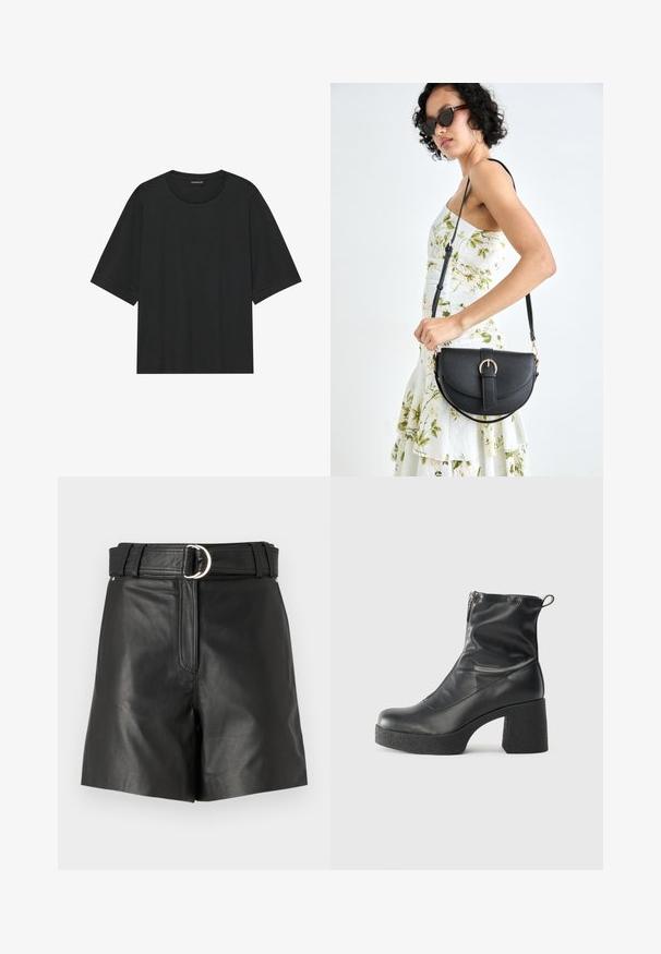 T-shirt noir à manches courtes en coton. Il présente un col rond, une coupe décontractée et un ourlet net sans motifs ni accessoires visibles.; Shorts en cuir noir avec une large ceinture arborant une boucle circulaire en argent. Texture lisse avec une coupe ajustée et un détail de fermeture éclair à l'avant.; Bottes noires à la cheville en cuir lisse, dotées d'une fermeture éclair sur le côté, d'un talon épais texturé et d'une conception à bout rond.; Sac à main en cuir noir avec une forme courbée, bandoulière amovible et des accessoires en or. Le sac est doté d'un rabat avec un détail de boucle.