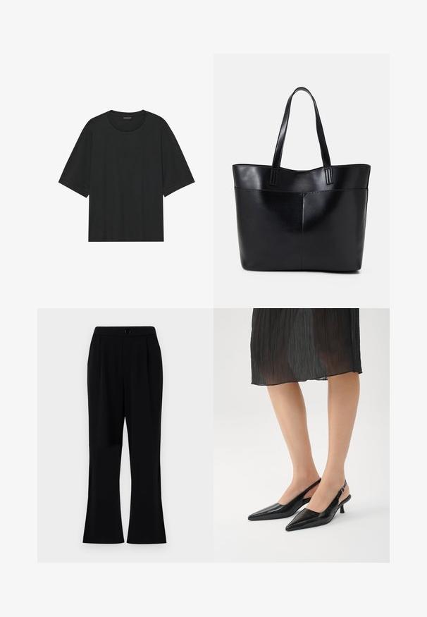 T-shirt noir à manches courtes en coton. Il présente un col rond, une coupe décontractée et un ourlet net sans motifs ni accessoires visibles.; Pantalon noir à texture lisse, jambes évasées et taille avec fermeture à bouton. Lavable en machine, conçu pour le confort et la polyvalence.; Escarpins à talons slingback noirs à bout pointu avec une finition brillante, talon fin et design à dos ouvert. Motif texturé sur le matériau supérieur.; Sac fourre-tout en cuir noir avec deux longues poignées, une texture lisse et une forme structurée. Dispose d'une poche avant pour un rangement supplémentaire.; Boucles d'oreilles en argent avec un design rond et épuré, présentant une surface lisse et sans embellissements visibles. Diamètre non spécifié.