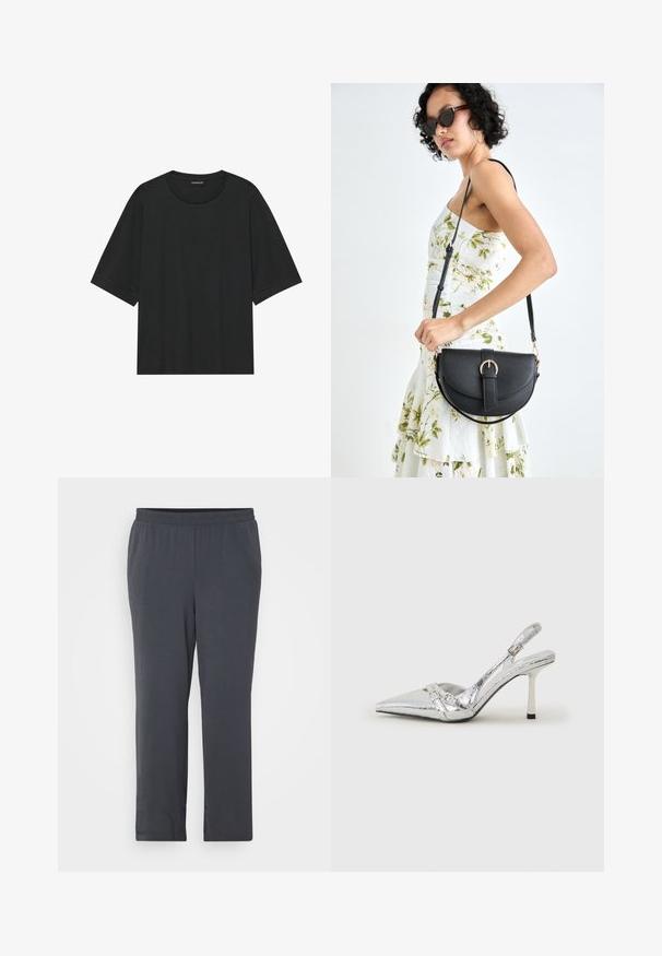 T-shirt nera a maniche corte in cotone. Presenta un colletto rotondo, vestibilità rilassata e orlo pulito senza motivi o accessori visibili.; Pantaloni grigi scuri con vita elastica, realizzati in un tessuto testurizzato. Taglio dritto con una finitura liscia e senza decorazioni visibili.; Scarpe con tacco alto slingback argento con punta affusolata, finitura metallica, due cinturini decorativi e un tacco sottile con punta nera.; Borsa a tracolla nera in pelle con una forma curva, manico rimovibile e accessori dorati. La borsa presenta una patta con un dettaglio a fibbia.; Orecchini a forma di cuore in argento con pietre trasparenti sfaccettate, accompagnati da una cornice texturizzata. Il set include stili a bottone e a goccia.