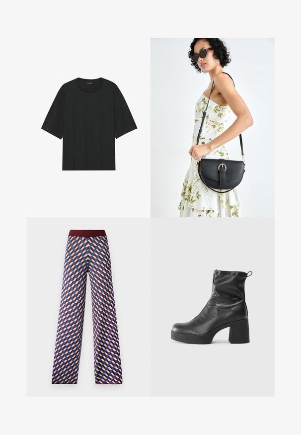 Czarny t-shirt z krótkim rękawem wykonany z bawełny. Posiada okrągły dekolt, luźny krój oraz czysty dół bez widocznych wzorów czy akcesoriów.; Szerokie spodnie w wzory z bordowym pasem, z geometrycznym wzorem w kolorach czerwonym, niebieskim i kremowym, o tkanej fakturze.; Czarne botki za kostkę wykonane z gładkiej skóry, wyposażone w boczny zamek błyskawiczny, masywny teksturowany obcas oraz zaokrąglony czubek.; Czarna skórzana torebka o zakrzywionym kształcie, z odpinanym paskiem i złotymi akcentami. Torebka posiada klapę z zapięciem w kształcie klamry.