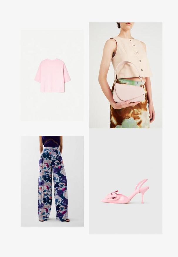 Korte mouw t-shirt in lichtroze katoen, met een relaxte pasvorm, ronde hals en zichtbare stiksels langs de zoom en mouwen.; Zijde-brede broek met een kleurrijke abstracte print in tinten paars, blauw, roze en wit, met een hoge taille en geplooid ontwerp.; Roze gepatineerde leren slingback hakken met een puntige neus, een decoratieve strik aan de voorkant en een slanke stilettohak. Glad textuur.; Roze leren handtas met een gebogen klep, één schouderband en strakke lijnen. De tas vertoont een gladde textuur en een minimalistisch ontwerp.