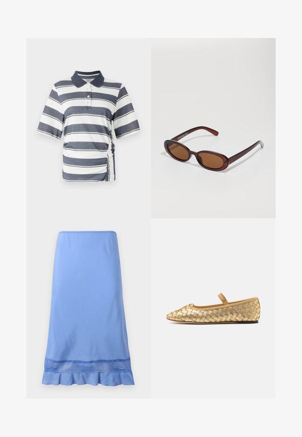 Polo avec des rayures horizontales bleu marine et blanches, à manches courtes, un col et des détails de froncé sur les côtés. Fabriqué en tissu doux et extensible.; Jupe bleu clair, à mi-mollet, fabriquée en tissu lisse, avec un ourlet froncé et un accent en maille près du bas. Design simple à enfiler.; Loeffler Randall LEONIE SOFT BALLET FLAT - Babies - gold; Lunettes de soleil rondes teinte brun avec une monture bordeaux brillante. Branches fines avec un détail de marque subtil. Design de verres plats.; Sac à main en imprimé léopard avec une base en simili cuir noir, deux poignées supérieures, une fermeture éclair dorée et des onglets en simili cuir noir accentués. Forme rectangulaire.