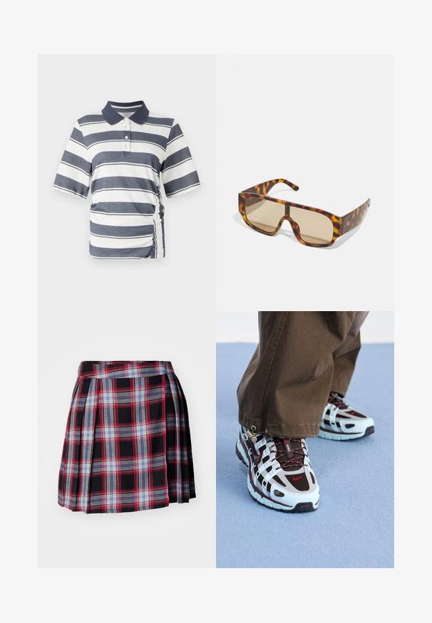Sötétkék és fehér vízszintes csíkokkal ellátott polo póló, rövid ujjakkal, gallérral és oldalán ráncolt részlettel. Puha, rugalmas anyagból készült.; Fekete kockás szoknya piros, kék és szürke ellenőrzött mintákkal, plisszírozott dizájnnal és lapos derékkal a strukturált illeszkedés érdekében. Puha szövettextúra.; Nike sportcipők világoskék és barna színkombinációval, hálós és gumi anyagból, kontrasztos piros részletekkel és texturált talppal.; Napszemüveg masszív, teknősbéka mintázatú kerettel, barna és narancssárga árnyalatokban, nagy, barna árnyalatú lencsékkel és elegáns dizájnnal.