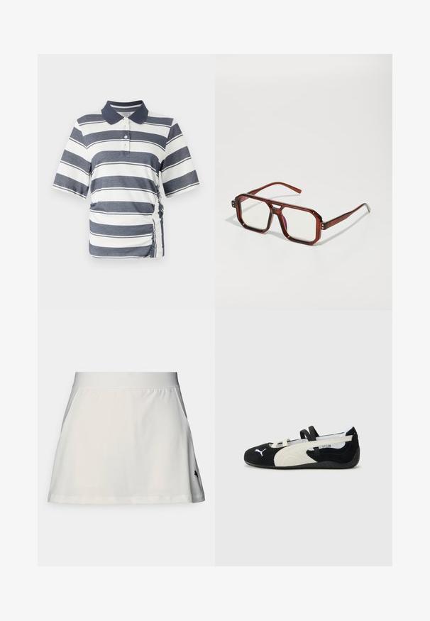 Camisola polo com listras horizontais em azul-marinho e branco, mangas curtas, colarinho e detalhe de franzido lateral. Feita de um tecido macio e elástico.; Saia atlética branca com uma textura suave, cintura elástica larga e um pequeno logotipo preto no lado inferior esquerdo. Apresenta um design evasê.; Sapatilha ultra-leve em preto e creme com parte superior em camurça, sola plana, tiras elásticas e um pequeno logo na biqueira.; Óculos oversized transparentes castanhos com lentes retangulares e hastes finas. Cantos angulados, ligeiramente arredondados e acentos de hardware visíveis.