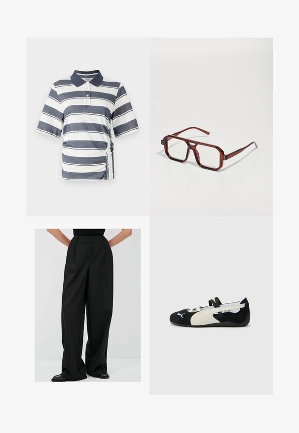 Poloshirt mit navyblauen und weißen horizontalen Streifen, kurzen Ärmeln, einem Kragen und seitlichen Raffungselementen. Hergestellt aus weichem, dehnbarem Stoff.; Schwarze weit geschnittene Hose mit hoher Taille, plissiertem Design und glattem Stoff. Verfügt über Seitentaschen und wird mit schwarzem Schuhwerk kombiniert.; Schwarzer und cremiger, ultraleichter Schuh mit einem Obermaterial aus Wildleder, flacher Sohle, elastischen Riemen und einem kleinen Logo an der Zehe.; Braune transparente übergroße Brillen mit rechteckigen Gläsern und schlanken Bügeln. Abgewinkelte, leicht abgerundete Ecken und sichtbare Hardware-Akzente.