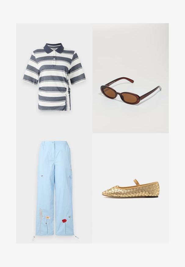 Polo shirt with navy and white horizontal stripes, short sleeves, a collar, and side ruching detail. Made from soft, stretchy fabric.; Light blue wide-leg pants with flower and bee embroidery, featuring a drawstring hem and front pockets. Cotton fabric with soft texture.; Loeffler Randall LEONIE SOFT BALLET FLAT - Ankle strap ballet pumps - gold; Round, brown-tinted sunglasses with a glossy burgundy frame. Slim arms with subtle branding detail. Flat lens design.; Brown leather handbag with a flap closure, gold-tone hardware, a shoulder strap, and a smooth texture. Compact rectangular shape.