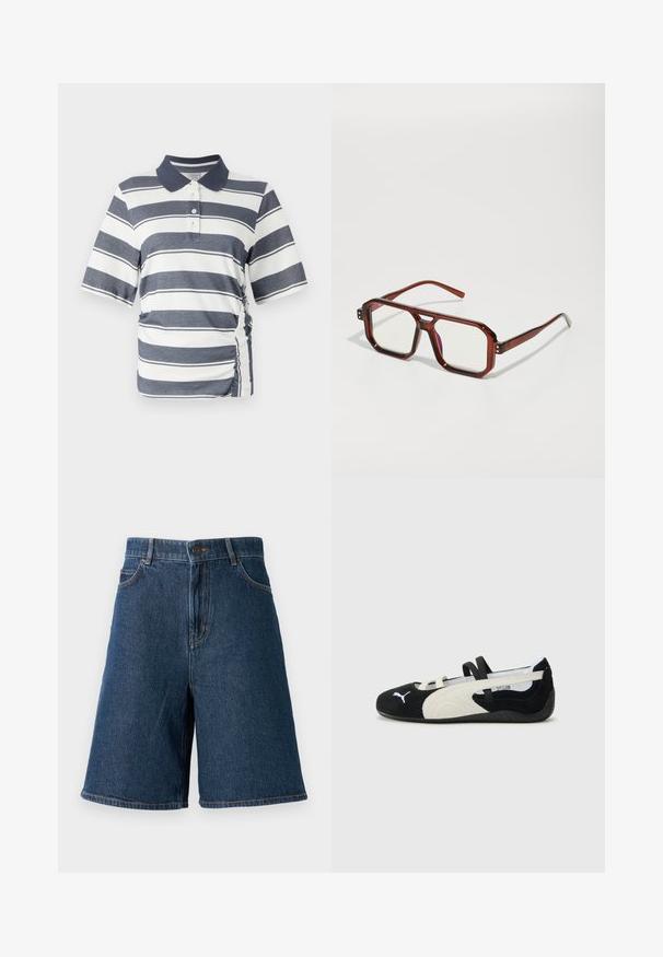 Polo de rayas horizontales en navy y blanco, con mangas cortas, cuello y detalle de fruncido en los laterales. Está hecho de una tela suave y elástica.; Pantalones cortos de mezclilla de color azul oscuro con una cintura alta, cinco bolsillos y un corte recto. Presenta costuras visibles y un cierre frontal con botón.; Zapato ultra ligero en blanco y negro con parte superior de ante, suela plana, correas elásticas y un pequeño logo en la puntera.; Gafas grandes y transparentes de color marrón con lentes rectangulares y patas delgadas. Esquinas ligeramente redondeadas y en ángulo, con acentos de hardware visibles.