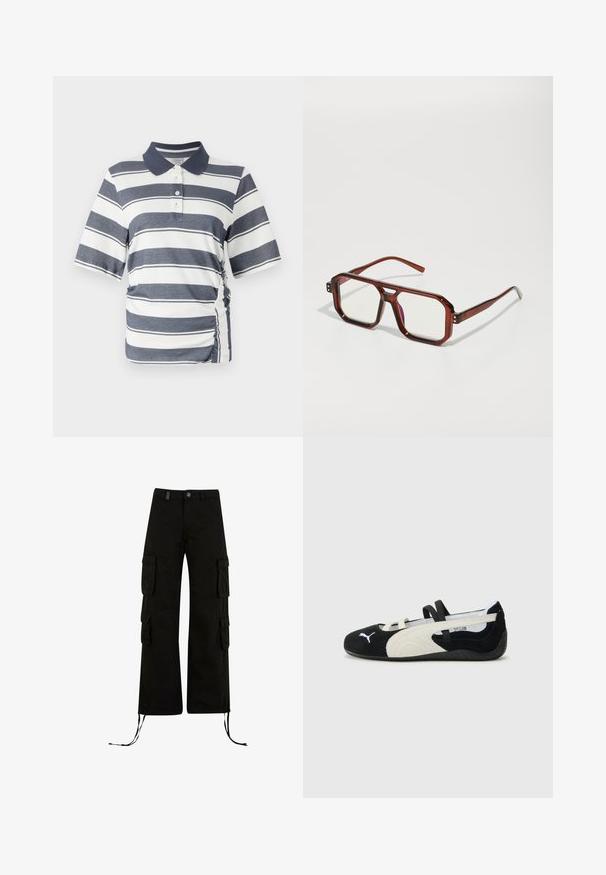 Poloko s námořními a bílými vodorovnými pruhy, krátkými rukávy, límcem a detailním nařasením po stranách. Vyrobeno z měkké, pružné látky.; Čierne cargo nohavice s voľným strihom, obsahujúce cargo vrecká na bokoch, sťahovacie lemy a gombíkovú zaťahovaciu pásku v páse.; Čierna a krémová ultraľahká topánka so zvrškom z semišu, plochou podrážkou, elastickými popruhmi a malým logom na špičke.; Hnedé priesvitné nadmerné okuliare s obdĺžnikovými šošovkami a štíhlymi ramenami. Uhlové, mierne zaoblené rohy a viditeľné kovové akcenty.; Červená kabelka s krokodílim vzorom, elegantného trojuholníkového tvaru, s odnímateľným popruhom, striebornými kovovými časticami a detailom loga.