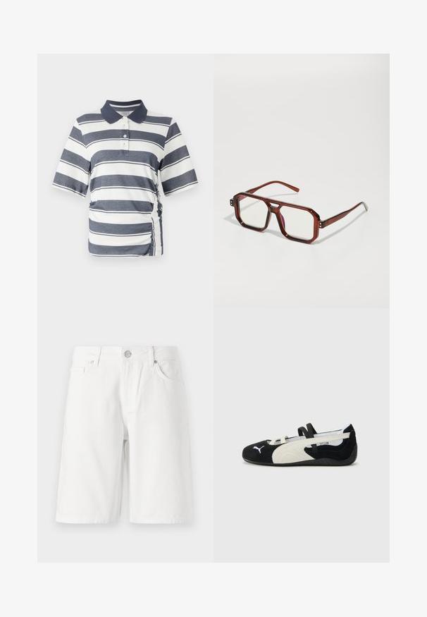 Pikepaita, jossa on tummansinisiä ja valkoisia vaakasuoria raitoja, lyhyet hihat, kaulus ja sivusaumadetaileja. Valmistettu pehmeästä ja joustavasta kankaasta.; Valkoiset denimmit shortsit, joissa on viiden taskun muotoilu, etupainike, napin suljenta ja suora leikkaus. Sileä rakenne, polvenpituinen.; Mustat ja vaaleanbeiget ultrakevyet kengät, joissa on mokkanahkainen päällinen, litteä pohja, joustohihnat ja pieni logo varpaassa.; Ruskeista läpinäkyvistä ylisuurista laseista, joissa on suorakulmaiset linssit ja hoikat varsiosat. Kulmat ovat viistetyt ja hieman pyöristetyt, ja näkyviä varusteita on lisätty.