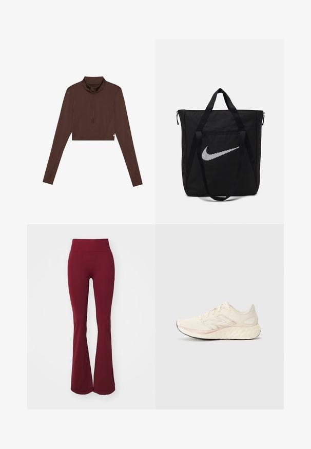 Brūns garo piedurkņu īsais tops ar stāvošu apkakli un ceturtdaļas rāvējslēdzēju. Gluda tekstūra ar plakaniem šuvēm, piemērots aktīvai nodarbei.; ICANIWILL DEFINE SEAMLESS FLARED - Legingi - burgundy; Gai beige skriešanas apavi ar teksturētu acs augšdaļu, rozā akcenta līniju, mīkstinātu zoli un atstarojošu sudraba logotipu sānos.; Melna neilona koferis ar divām izturīgām rokturiem un ar rāvējslēdzēju. Tam ir izteikts balts Nike swoosh logotips horizontāli svītrainā dizainā.