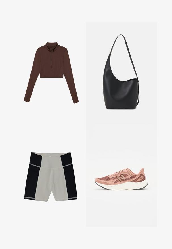 Brown long-sleeve cropped top with a standing collar and quarter-zip closure. Smooth texture with flat seams, suitable for active wear.; Men's swim shorts with a beige center panel and black side panels. Made from smooth fabric with contrasting stitching. Mid-thigh length.; Pink running shoe with a mesh upper, featuring a textured design and brown accents. Lightweight sole with significant cushioning.; Black leather hobo bag with a smooth texture, curved shape, and single adjustable strap; features a wide opening at the top.