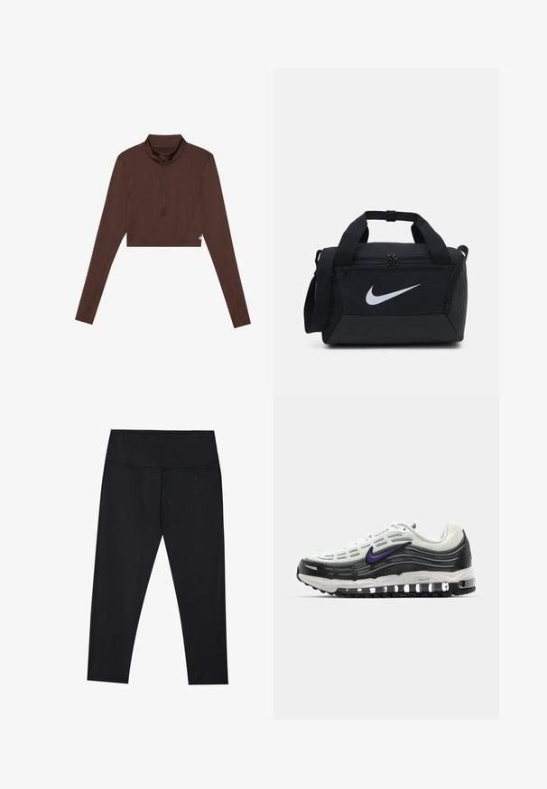 Brūns garo piedurkņu īsais tops ar stāvošu apkakli un ceturtdaļas rāvējslēdzēju. Gluda tekstūra ar plakaniem šuvēm, piemērots aktīvai nodarbei.; Melni legingi, kas izgatavoti no elastīga materiāla, ar augstu jostasvietu un plakanu šuvju. Potītes garuma ar gludu, matētu tekstūru.; Nike Air Max sporta apavi ar baltu sietu augšdaļu, melniem akcentiem, purpura logotipu, izliekumu dizainu un redzamu gaisa amortizāciju starp zoli.; Melnā sporta soma ar gludu audumu, divām rāvējslēdzēja kabatām, mīkstiem rokturiem un lielu baltu Nike logotipu priekšpusē.