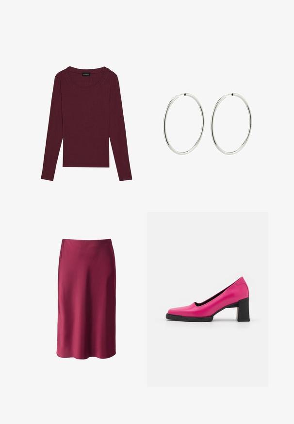 Langärmliges Oberteil in sattem Burgundy, geripptem Material, rundem Ausschnitt und geradem Saum. Das Etikett zeigt den Markennamen "even&odd".; Burgunderfarbener Satinrock mit glatter Textur, geradem Schnitt, mittellang und mit subtiler glänzender Oberfläche. Keine sichtbaren Muster oder Hardware-Details.; Rosa Leder High Heels mit quadratischer Spitze, glatter Oberfläche und einem stabilen, klobigen schwarzen Absatz. Schlichtes Design, ohne Verzierungen.; Silberne Creolen mit einer glatten, polierten Oberfläche. Kreisförmig, gleichmäßige Breite, entworfen für einfaches Anlegen. Einfach und elegant.