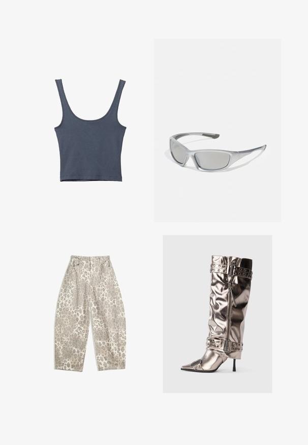 Ciemnoniebieski, slim-fit top bez rękawów z szerokimi ramiączkami. Wykonany z miękkiej bawełny, o gładkiej fakturze i prostym designie. Bez wzorów ani akcentów.; Spodnie w panterkę w jasnym beżowym kolorze, z wysokim stanem, szerokimi nogawkami i dwiema przednimi kieszeniami. Wykonane z gładkiego materiału.; Metaliczne kozaki do kolan z cienkim obcasem w stylu szpilki, spiczastym czubkiem, zamkiem błyskawicznym oraz paskami z ćwiekami. Posiadają pomarszczoną teksturę.; Szare okulary przeciwsłoneczne z elegancką, lekką plastikową ramką. Wyposażone w przyciemniane szare soczewki oraz teksturowane boczne akcenty dla lepszego uchwytu.; Czarna i srebrna torba adidas o gładkiej fakturze, z błyszczącym wzorem z ćwieków i charakterystycznym, zakrzywionym kształtem.