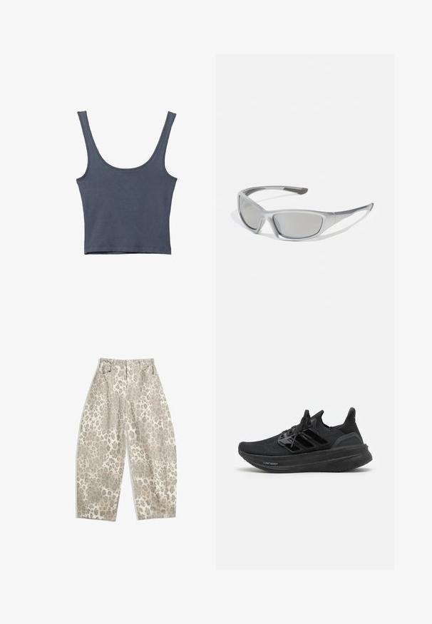 Canotta slim-fit blu scuro con spalline larghe. Realizzata in morbido cotone, presenta una texture liscia e un design semplice. Senza motivi né dettagli.; Pantaloni a stampa leopardata in un colore beige chiaro, con un design a vita alta, gambe larghe e due tasche frontali. Realizzati in un tessuto morbido.; Scarpe sportive nere con un upper in maglia traspirante, design testurizzato, tre strisce distintive e una suola spessa e ammortizzata etichettata "LIGHT BOOST."; Occhiali da sole grigi con una montatura in plastica sleek e leggera. Presentano lenti grigie a specchio e dettagli laterali testurizzati per una presa migliorata.; Borsa adidas nera e argento con una texture liscia, caratterizzata da un motivo borchiato lucido e un design curvo distintivo.