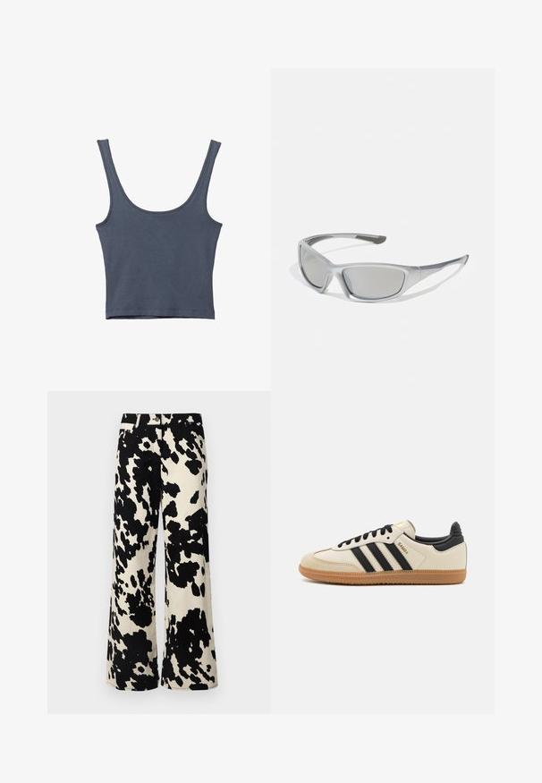 Tamno plava uska majica bez rukava sa širokim naramenicama. Izrađena od mekog pamučnog materijala, s glatkom teksturom i jednostavnim dizajnom. Bez uzoraka ili akcenta.; SOMETHINGNEW COW PRINT TROUSERS - Hlače - macadamia aopcort; Bež sportski cipela s crnim prugama, gumeni potplat i crni dodaci. Ima glatku kožnu gornju stranu i dizajn s zaobljenim vrhom.; Sive naočale s elegantnim, laganim plastičnim okvirom. Imaju tamnosive leće i teksturirane bočne naglaske za dodatno prianjanje.; Crna i srebrna adidas torba s glatkom teksturom, koja sadrži sjajni uzorak s umetnutim dugmadi i prepoznatljivim zakrivljenim dizajnom.