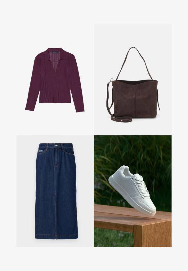 Dugi rukav, duboki V-izrez u tamnoljubičastoj boji s rebrastom teksturom i ovratnikom. Karakterizira ga uski kroj i lagana elasticitet.; Tamna plavča suknja ravnog kroja, s narančastim šavovima, pojasom s petljama za remen i prednjim džepovima.; Bijela tenisica sa glatkim sintetičkim gornjim dijelom, perforiranim prednjim dijelom, ravnim vezicama i teksturiranom potplatom, prikazana na drvenoj površini.; Smeđa suđena torba s mekanom teksturom, s jednim remenom za rame i suptilno zakrivljenim gornjim otvorom. Nema vidljivih dijelova od hardvera.