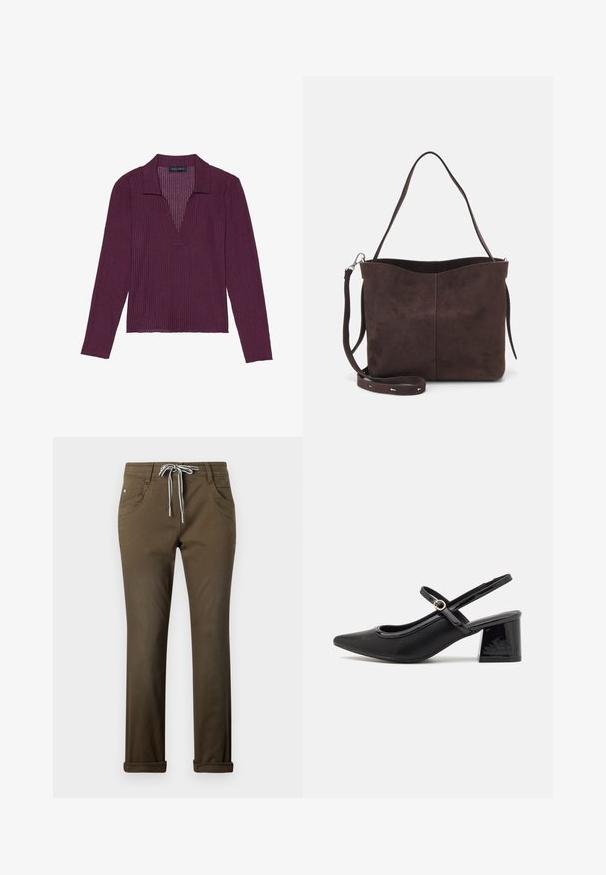 Top de manga larga con escote en V profundo en color púrpura oscuro, con textura acanalada y cuello. Presenta un diseño ajustado y un ligero estiramiento.; Pantalones casuales marrones, hechos de un material suave, con una cintura ajustable con cordón en blanco, cinco bolsillos y puños enrollados.; Tacones slingback de charol negro con punta afilada, un diseño de corte redondeado y tacón bloque. Incluye un detalle de hebilla en tono dorado.; Bolso tote de ante marrón con una textura suave, que presenta una sola correa para el hombro y una sutil apertura curva en la parte superior. Sin detalles de herrajes visibles.