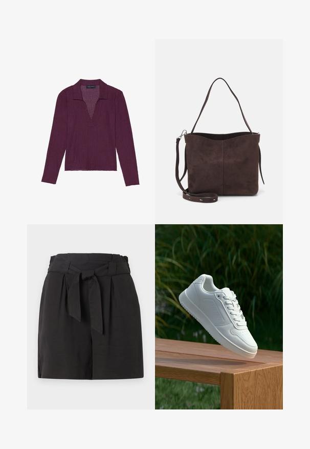 Dolgi rokav, globok V-izrez srajca v temno vijolični barvi z rebrasto teksturo in ovratnikom. Ima prilegajočo se zasnovo in rahlo raztegljivost.; Črne hlače s prepognjenim pasom in detajlom za zavezovanje. Narejene so iz gladkega materiala s krojem po meri in bočnim razporkom za udobje.; Bela teniska s gladkim sintetičnim zgornjim delom, perforiranim prednjim delom, ravnimi vezalkami in teksturiranim podplatom, prikazana na leseni površini.; Rjava gamoška torba z mehkobo teksturo, ki ima en samo ramenski trak in subtilno ukrivljen zgornji del. Brez vidnih kovinskih detajlov.