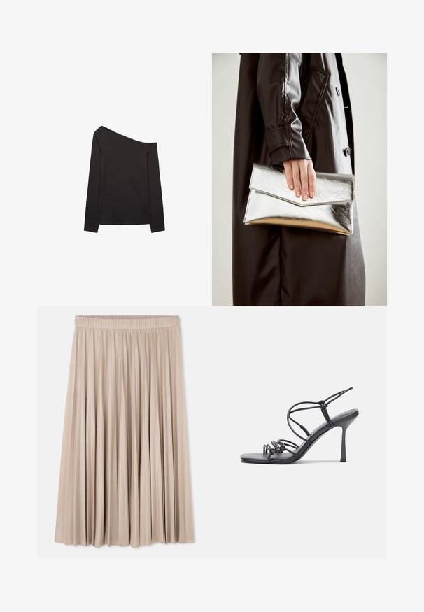 Svart off-the-shoulder långärmad topp gjord av mjukt tyg, med en avslappnad passform och slät textur. Inga synliga mönster eller accentuerande detaljer.; Fodrad midikjol i ljusbeige, med elastisk midja. Slät textur med en glänsande yta, lagerdesign och flödande siluett.; Svarta högklackade sandaler har tunna remmar med en knuten design, en slät fyrkantig tå och en smal stilettklack.; Silverfärgad metallisk kuvertväska med en vinkelrät design, slät textur och kontrasterande innervärd, hålls i en hand som bär en svart kappa.; Silver hoopsörhängen med en slät, glänsande yta, med en böjd form och post-stängning. Minimalistisk design med en modern finish.