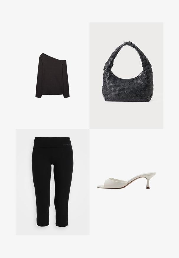 Czarny top z długim rękawem, bez ramiączek, wykonany z miękkiego materiału, o luźnym kroju i gładkiej strukturze. Brak widocznych wzorów lub akcentów.; Czarne legginsy capri wykonane z elastycznego materiału. Posiadają szeroką talię z subtelnym logo. Gładka struktura i dopasowany fason.; Białe, otwarte na palcach mule na wysokim obcasie o gładkim wykończeniu, minimalistycznym designie i smukłym obcasie, z subtelnym brązowym akcentem na podeszwie.; Czarna skórzana torebka na ramię pleciona, z okrągłym uchwytem i kształtem półksiężyca na jednolitym tle.
