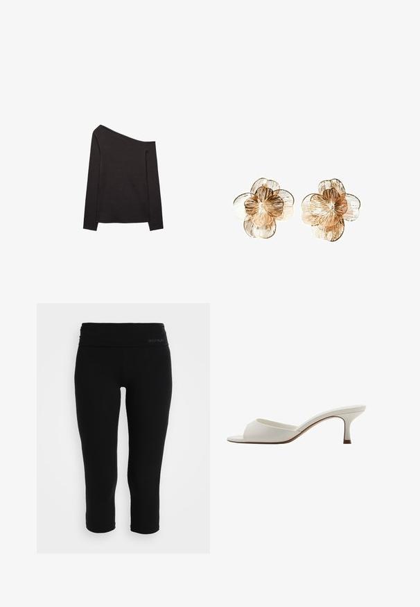 Top nero a spalle scoperte con maniche lunghe realizzato in tessuto morbido, caratterizzato da una vestibilità ampia e una trama liscia. Senza pattern o decorazioni visibili.; Leggings capri neri realizzati in tessuto elastico. Presentano una vita alta con un branding discreto. Tessuto liscio e design aderente.; Mule con tacco alto, aperti davanti e di colore bianco, con una finitura liscia, design minimalista e tacco slanciato, caratterizzati da un sottile accento marrone sulla suola.; Orecchini a forma di fiore in tonalità oro con petali testurizzati e una perlina centrale. Presentano un design stratificato per una maggiore dimensione. Materiale metallico leggero.