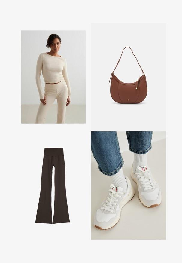 Beige geripptes Langarmoberteil und passende hochgeschnittene Hose, weiche Textur, figurbetontes Design, minimalistischer Stil, mit dezenten Nähten.; Dunkelbraune ausgestellte Leggings mit einem breiten, gerippten Taillenbund. Hergestellt aus weichem, dehnbarem Material, mit einem nahtlosen Design und ohne sichtbare Beschläge.; Weiße Sneakers mit beigen Akzenten, Schnürung und einer strukturierten Zehenbox. Kombiniert mit gerippten weißen Socken und hochgekrempelten blauen Jeans.; Braune Kunstleder-Schultertasche mit geschwungener Form, minimaler Naht und goldfarbener Hardware-Akzent. Verfügt über einen oberen Reißverschluss und einen verstellbaren Trageriemen.