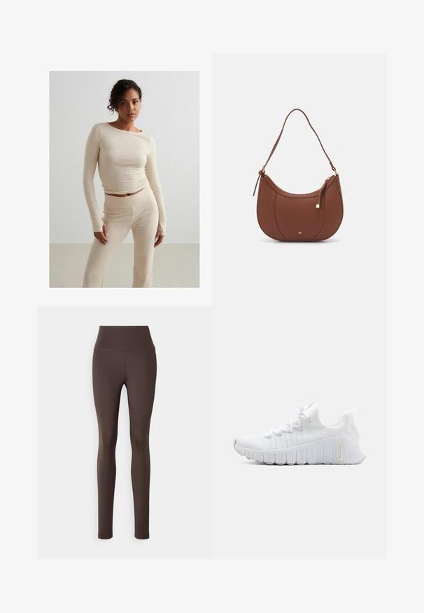 Beige geripptes Langarmoberteil und passende hochgeschnittene Hose, weiche Textur, figurbetontes Design, minimalistischer Stil, mit dezenten Nähten.; Braune, hoch taillierte Leggings aus dehnbarem Stoff, mit einer glatten Textur und einer figurnahen Silhouette, ohne sichtbare Muster oder Beschläge.; Weißer Sportschuh mit einer strukturierten Oberseite, flacher Schnürung und ausgeprägter Gummisohle mit vertikalen Rillen. Mit einem Logo an der Seite.; Braune Kunstleder-Schultertasche mit geschwungener Form, minimaler Naht und goldfarbener Hardware-Akzent. Verfügt über einen oberen Reißverschluss und einen verstellbaren Trageriemen.