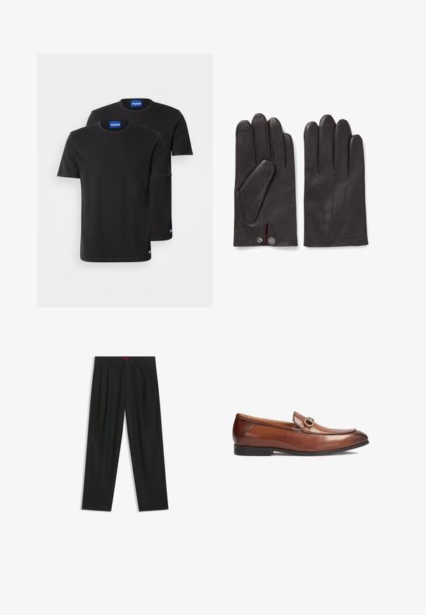 Twee zwarte katoenen T-shirts met ronde hals, korte mouwen en blauwe "HUGO" labels op de kragen en zijsplitten.; Zwarte broek met een geplooid ontwerp, wijde pijpen en een zachte textuur. Voorzien van een rode taillebandlabel.; Bruine leren loafers met een ronde neus, gestikte details en een decoratieve metalen gespsier op de voorkant. Rubberen zool.; HUGO JAAN - Handschoenen - dark brown four