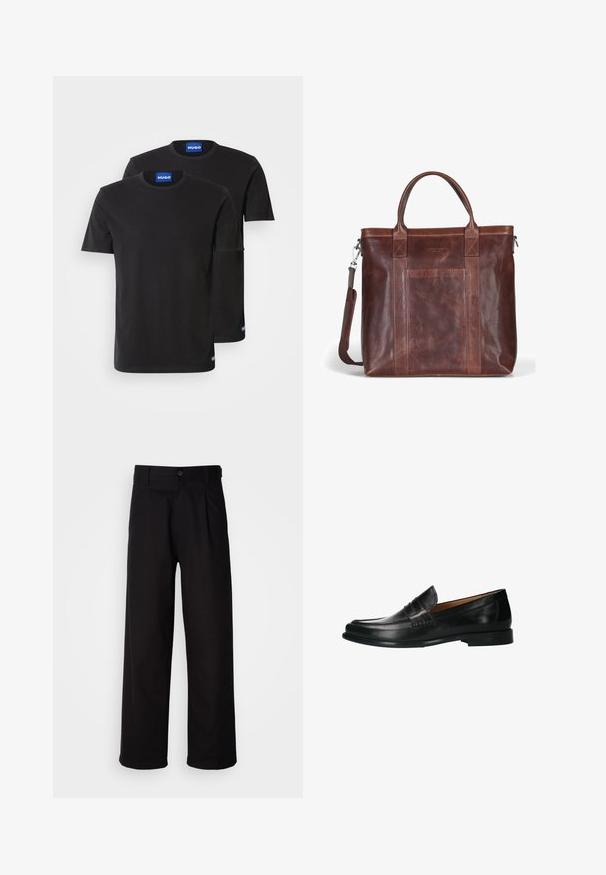 Due magliette di cotone nere con scollatura rotonda, maniche corte e etichette blu "HUGO" sui colli e sui bordi laterali.; Pantaloni neri realizzati in tessuto morbido, con design a gamba dritta, pieghe frontali e chiusura con una singola bottone in vita.; Mocassini in pelle nera con finitura liscia, punta arrotondata e cuciture di accentuazione sottili, caratterizzati da una suola in gomma a profilo basso.; Borsa tote in pelle marrone con manici doppi, tracolla regolabile e tasca frontale. Superficie testurizzata con leggere variazioni di colore.