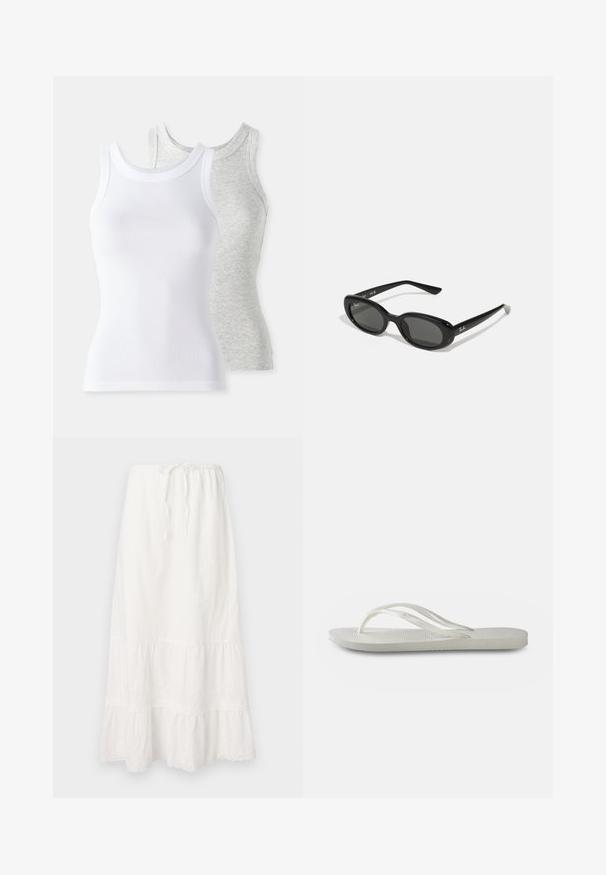 Dvě tílka bez rukávů: jedno bílé, s ribrovou strukturou, a jedno světle šedé se subtilním melírovaným vzorem. Obě mají kulaté výstřihy.; Dlouhá bílá bavlněná sukně s elastickým pasem a nastavitelnou šňůrkou. Obsahuje volány s jemným krajkovým lemem na spodním okraji.; Bílé žabky s texturovanou podešví, s tenkými pásky a plochým designem. Vyrobené z gumy s jemným logem na stélce.; Černé sluneční brýle s oválnými objektivy, lesklý plastový rám a štíhlé nožičky. Na boku se nachází bílé logo Ray-Ban.