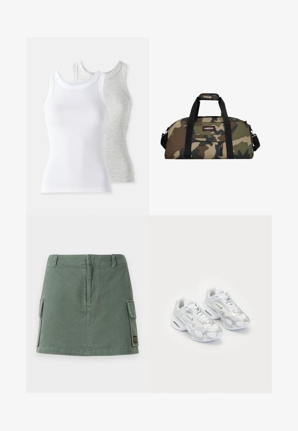 Kaksi ilmanhihaista toppia: yksi valkoinen, ribattu pinta ja toinen vaaleanharmaa, jossa on hienovarainen heather-kuvio. Molemmissa on pyöreä kaula-aukko.; Vihreä farkuhame, jossa on tiukka vyötärö ja kaksi sivutaskua sekä laskostus alareunassa. Joustava pinta, jossa on hieno kiilto.; Valkoiset urheiluskoot, joissa on verkkomateriaali ja hopeiset yksityiskohdat, ainutlaatuinen muoto ja ilmapohjallinen kantapää. Nyöritettävä malli logolla.; Kantokorva-urheilulaukku, jossa on synteettinen kangas, mustat hihnat, yläkahva ja etupuolen vetoketjullinen tasku; siinä on vihreitä, ruskeita ja beigejä kuvioita.