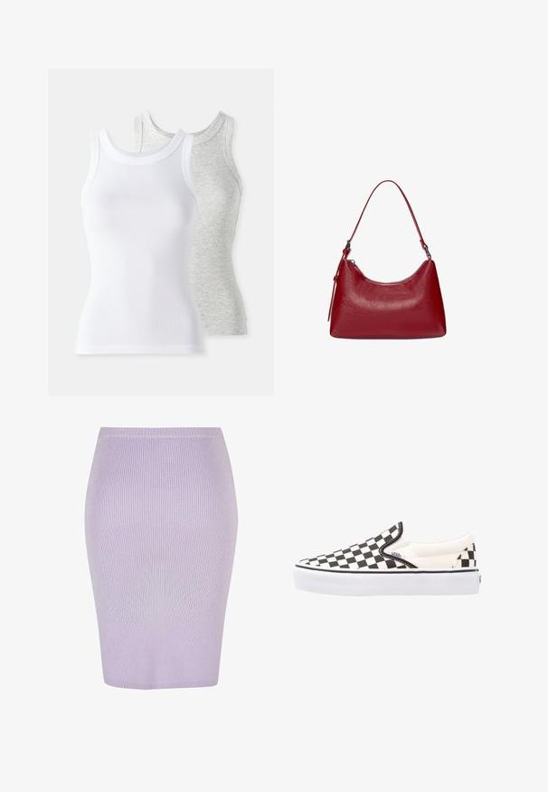 Zwei ärmellose Tanktops: eines in Weiß mit gerippter Textur und eines in Hellgrau mit subtilen Melange-Muster. Beide haben runde Ausschnitte.; Gestreifte Bleistiftrock in Helllila mit einer figurbetonten Passform. Verfügt über einen hohen Taillenbund, eine glatte Textur und einen knielangen Schnitt.; Schwarz-weiße karierte Slip-On Vans-Schuhe mit einem Obermaterial aus Canvas, Gummisohle und gepolstertem Kragen. Flache, runde Zehenpartie mit weißen Sohlenakzenten.; Rote Leder-Schultertasche mit einem geschwungenen Design, glatter Textur und einem Reißverschluss. Sie verfügt über einen dünnen Henkel zum Tragen.