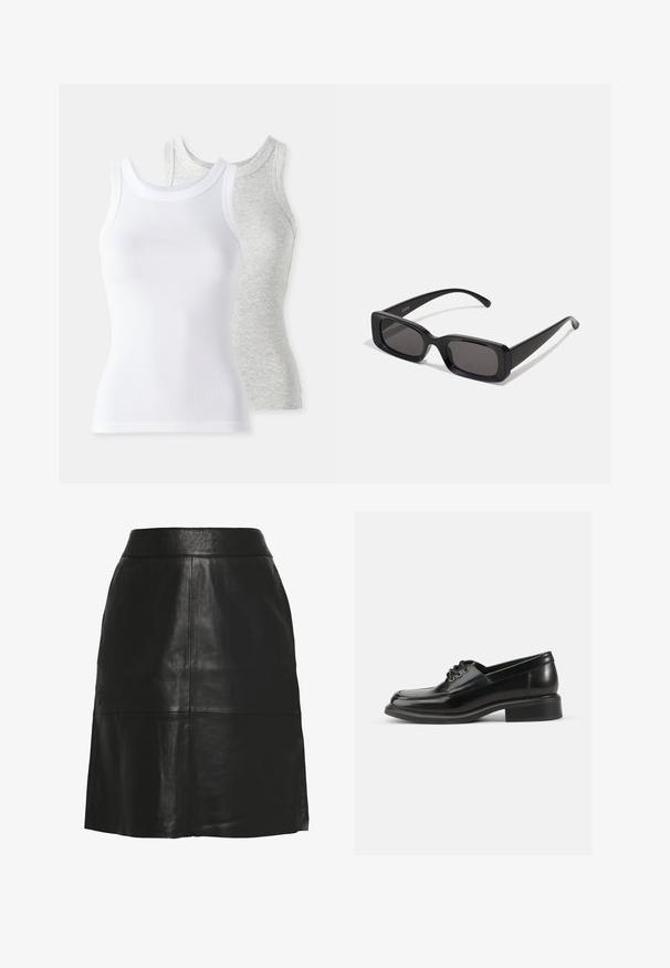 Két ujjatlan tank top: az egyik fehér, bordázott textúrával, a másik világosszürke, finom heather mintával. Mindkettő kerek nyakkivágással rendelkezik.; Fekete bőr szoknya sima textúrával, illemtartó derékvonallal és bővülő aljjal. A dizájn függőleges varratokkal és letisztult, minimalista vonalakkal rendelkezik.; Fekete bőr dresszcipő sima felülettel, lekerekített orral, két fűzőlyukkal és masszív blokkfűzzel. Egyszerű dizájn, minták nélkül.; Fekete, téglalap alakú napszemüveg sötét lencsékkel, fényes felülettel, széles szárakkal és masszív keret designnal. Az egyik szárra gravírozott márkanevével.