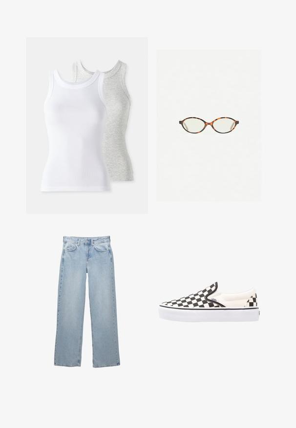 Twee mouwloze tanktops: één witte met geribbeld textuur en één lichtgrijze met een subtiel heatherpatroon. Beide hebben een ronde hals.; Lichtblauwe denim jeans met een wijdere pijpdesign, voorzien van een knoop- en ritsluiting, vijf zakken en minimale stikseldetails.; Zwart-wit geblokte slip-on Vans schoenen met een canvas bovenwerk, rubberen buitenzool en gewatteerde kraag. Vlakke, ronde neus met witte zoolaccenten.; Kattenoogbril met ovale lenzen en een strakke, gladde afwerking. Heeft dunne zijkanten met een subtiele kromming bij de slapen. Transparante lenzen.; Rode leren schoudertas met een gebogen ontwerp, een gladde textuur en een ritssluiting. Het heeft een dunne hengsel om te dragen.